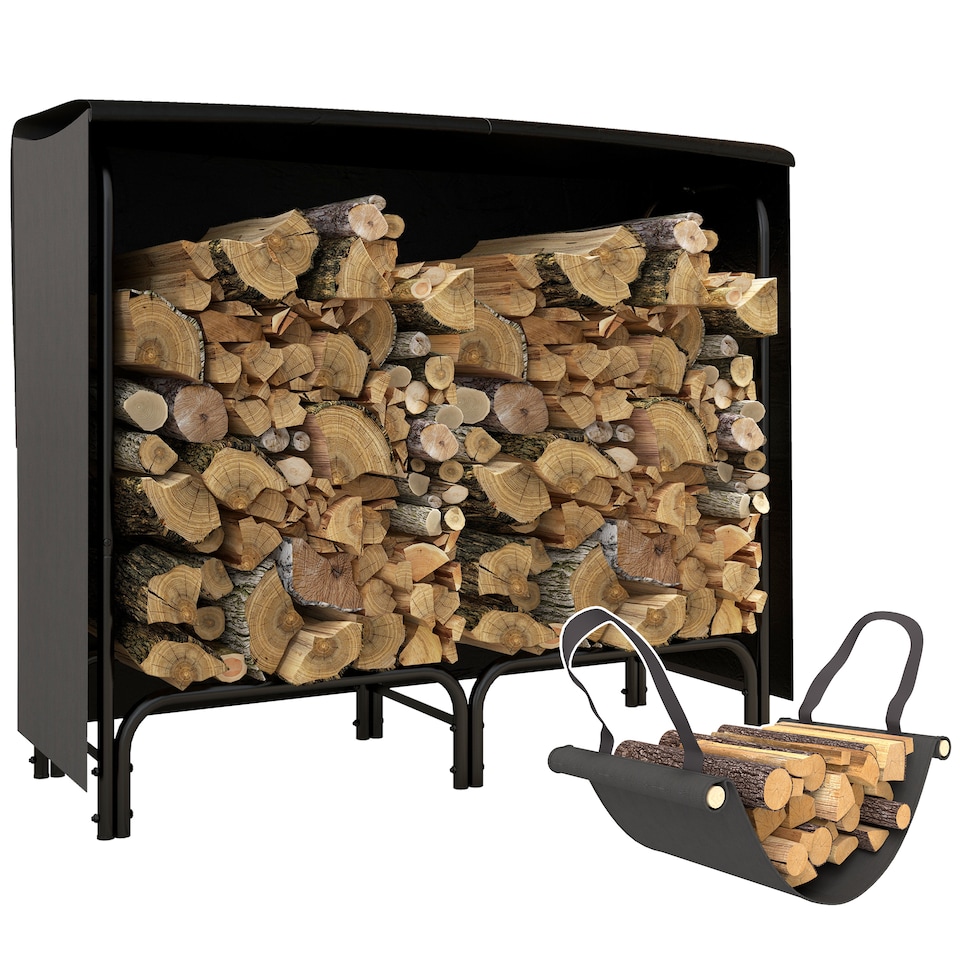 image 1 of Outsunny 4FT Firewood Rack with Canvas Carrier Bag and 600D Oxford Waterproof Cover, Metal Log Store Indoors, Log Storage Rack Holder for Outdoor Indoor Fireplace, Black