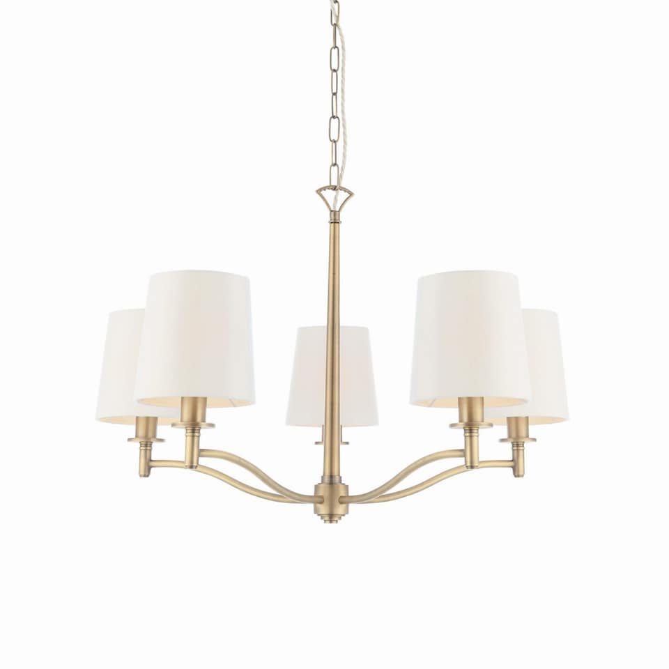 Ortona 5 Light Multi Arm Pendant Matt Antique Brass, Vintage White Faux Silk, E14