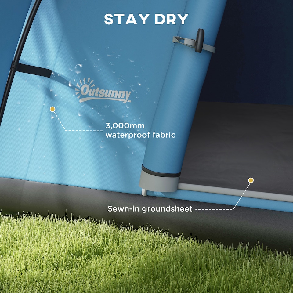 image 1 of Outsunny 3000mm Waterproof Camping Tent with Porch & Sewn in Groundsheet, Blue