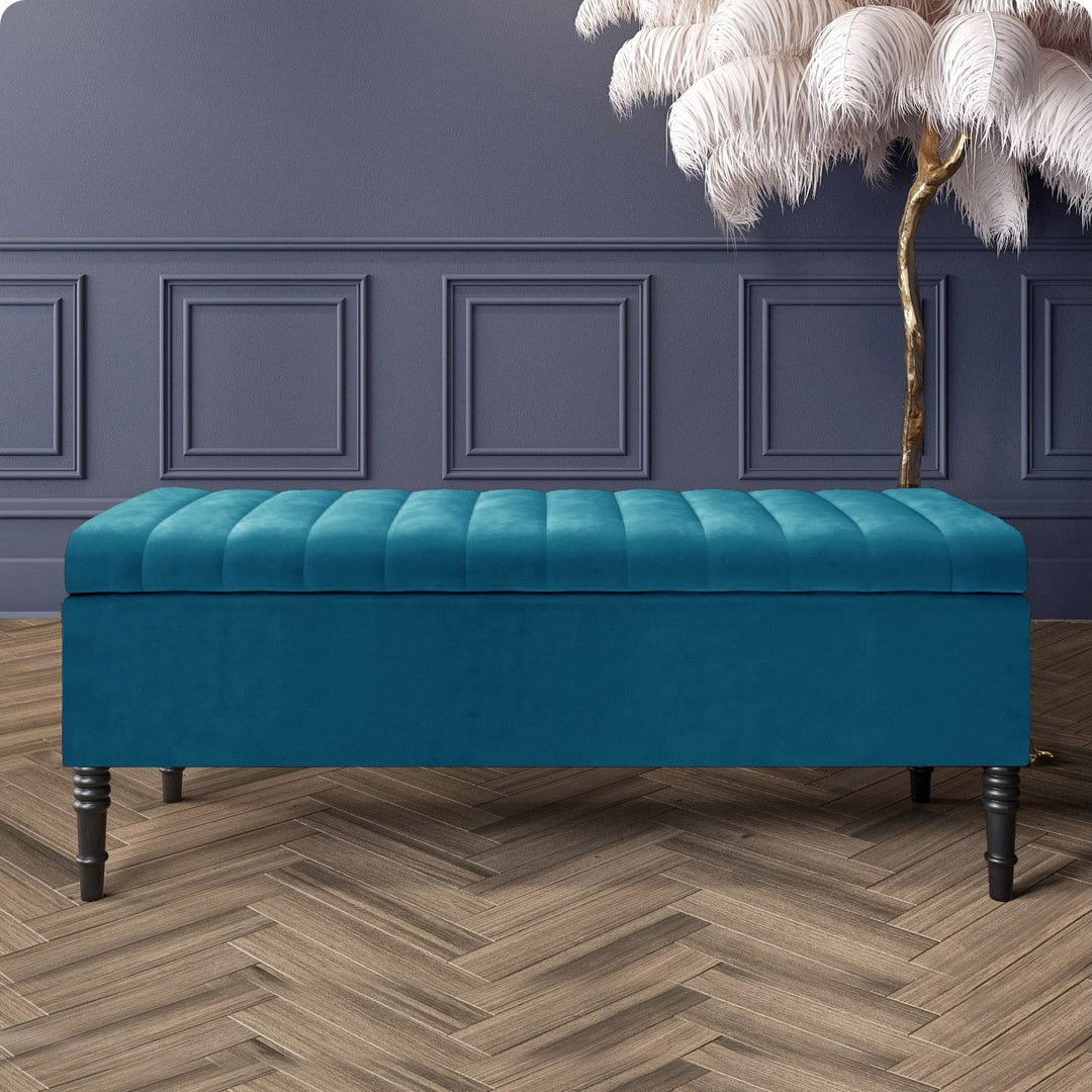 90cm Paris Striped Ottoman Storage Bench- Plush Velvet Shoe Bench - Emerald Green Upholstery Footstool with Storage