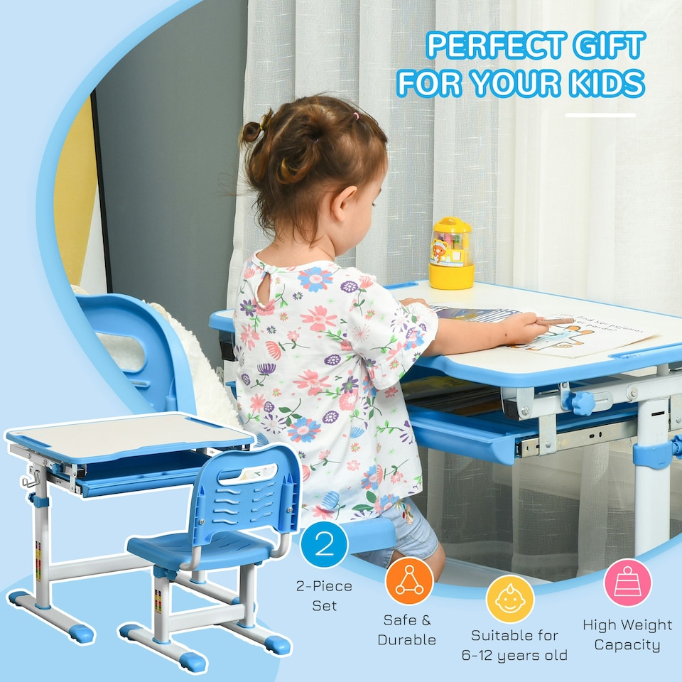 image 1 of HOMCOM Kids Desk and Chair Set Adjustable Tiltable with Drawer Pen Slot Hook Blue