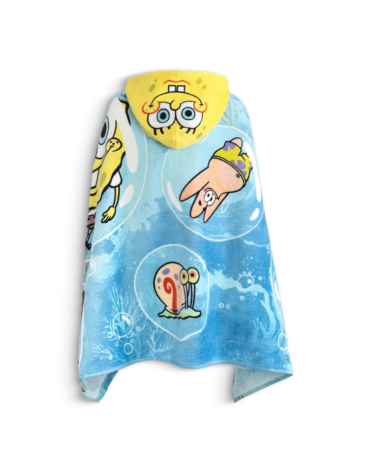 image 1 of SpongeBob SquarePants Boys Yellow & Blue Hooded Poncho Towel | Multi Character Graphic Print | Patrick Star Squidward Mr Krabs | Poolside Beachwear Towel | SpongeBob Merch
