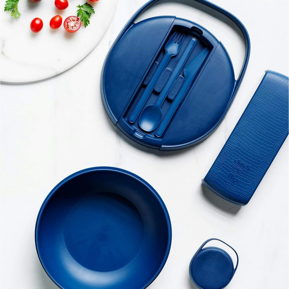 image 1 of Hip Clutch Bag Portable Lunchbox & Cutlery Set - Navy