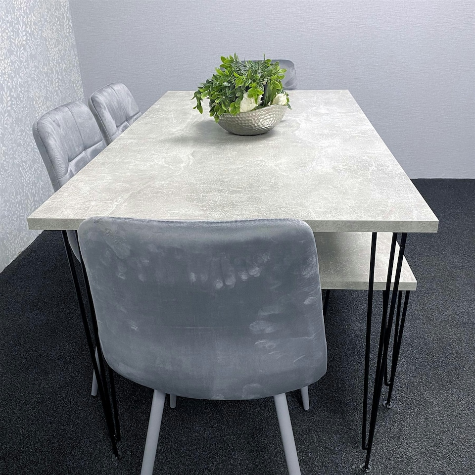 image 1 of Grey Dining Table with Hairpin Legs, Bench & 4 Grey Velvet Chairs Set for Kitchen & Dining Room Grey