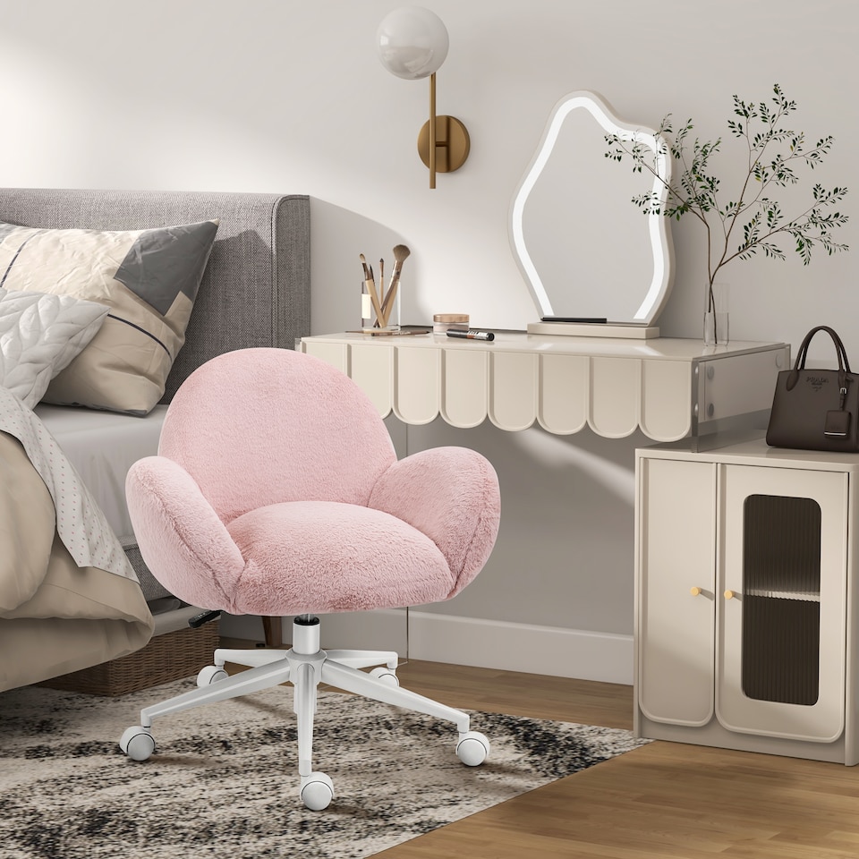 image 1 of HOMCOM Fluffy Desk Chair, Cute Makeup Vanity Chair with Rolling Wheels for Home Bedroom Living Room, Pink
