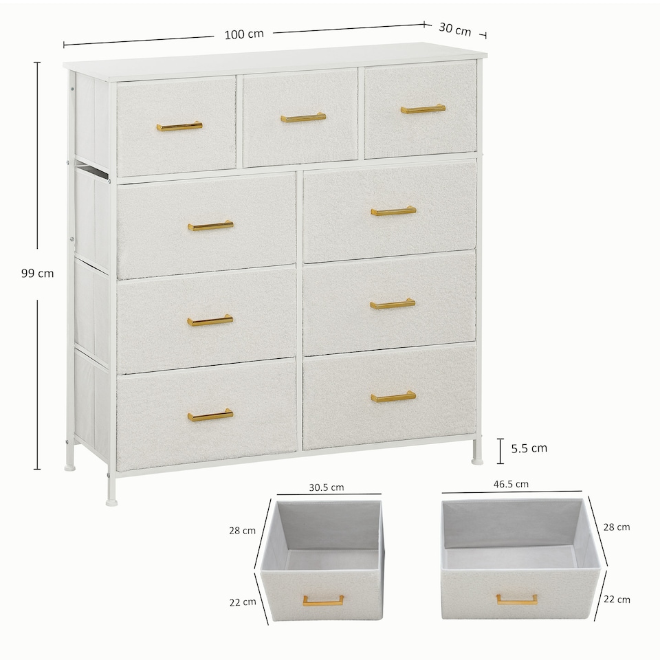 image 1 of HOMCOM Chest of Drawers with 9 Fabric Drawers, Boucle Storage Organiser with Steel Frame, Fabric Dresser for Bedroom, Living Room, Hallway, Cream White | Cream | Cream
