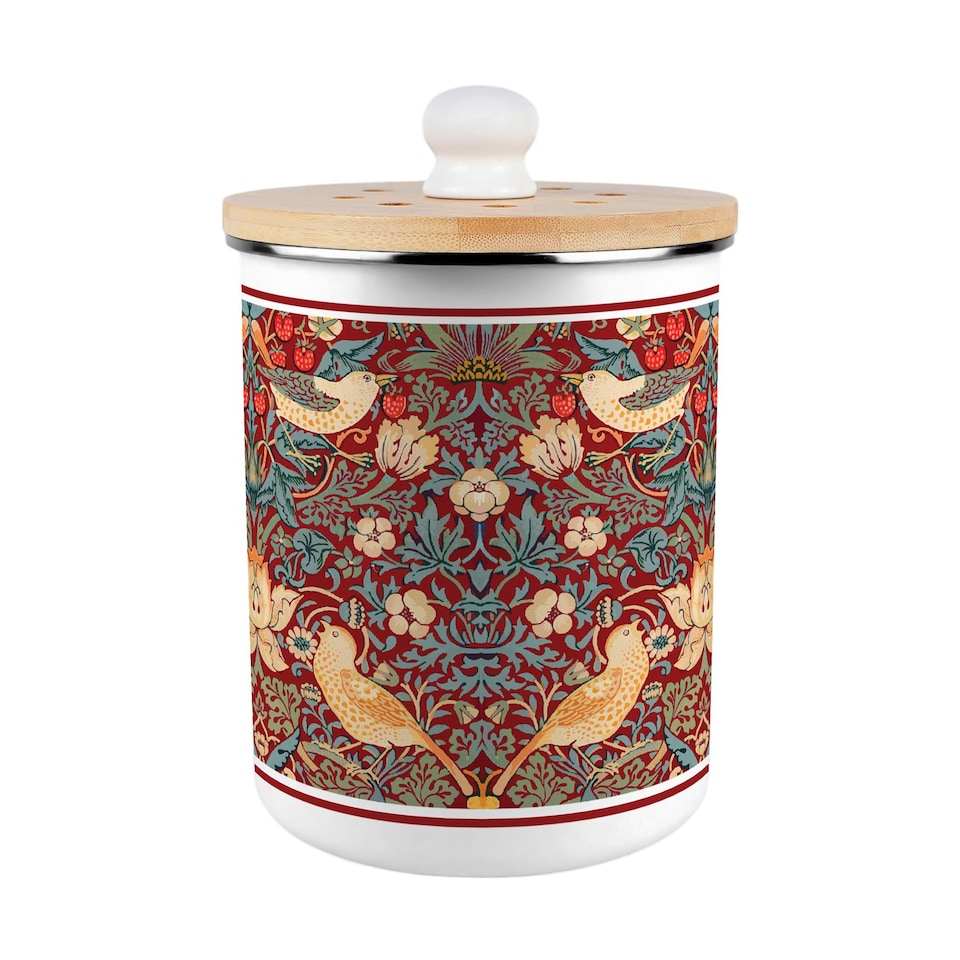 image 1 of Strawberry Thief Food Waste Caddy - Metal 2L Red Decorative Kitchen Compost Bin