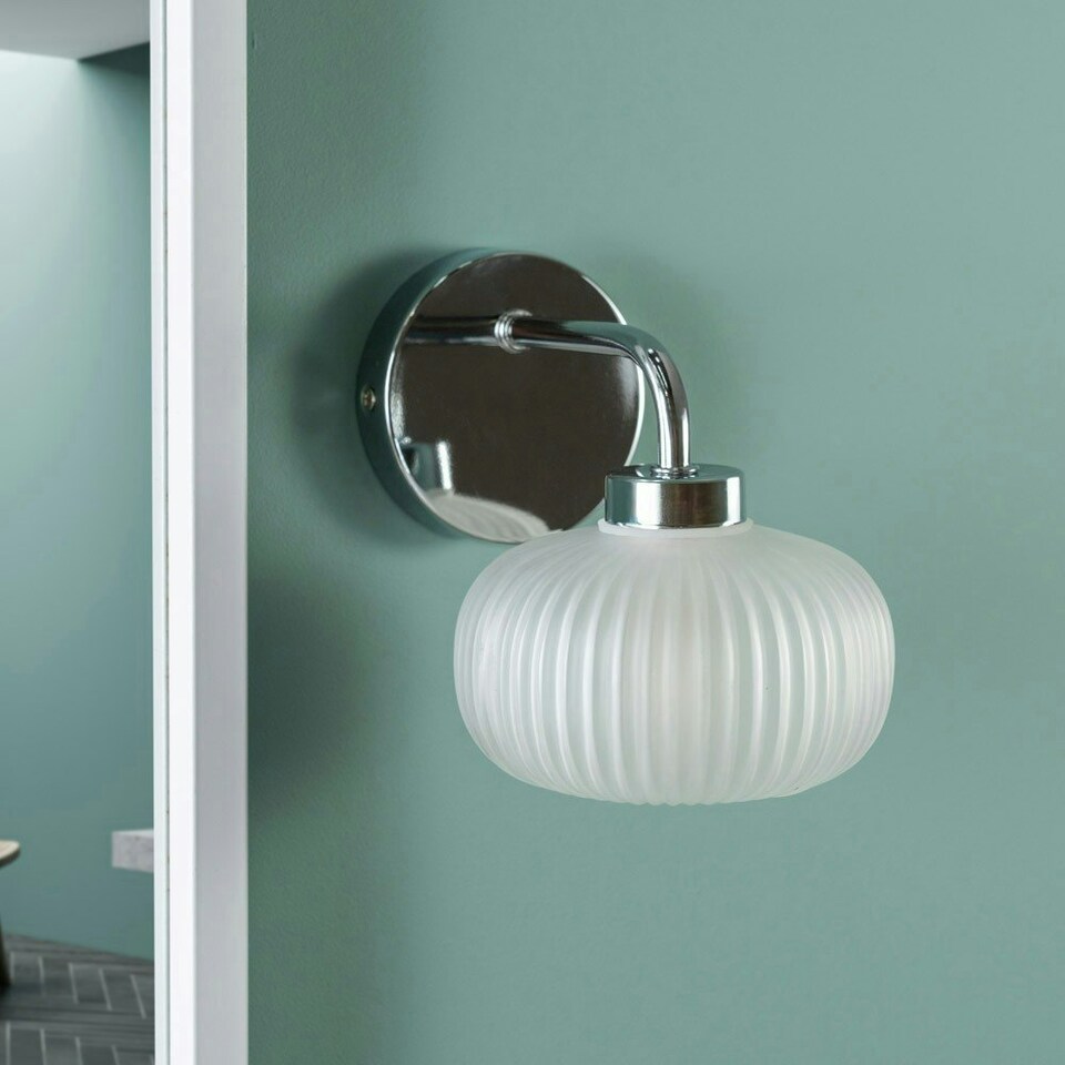 image 1 of ValueLights Amaia Pair of Polished Chrome IP44 Single Frosted Ribbed Glass Wall Lights