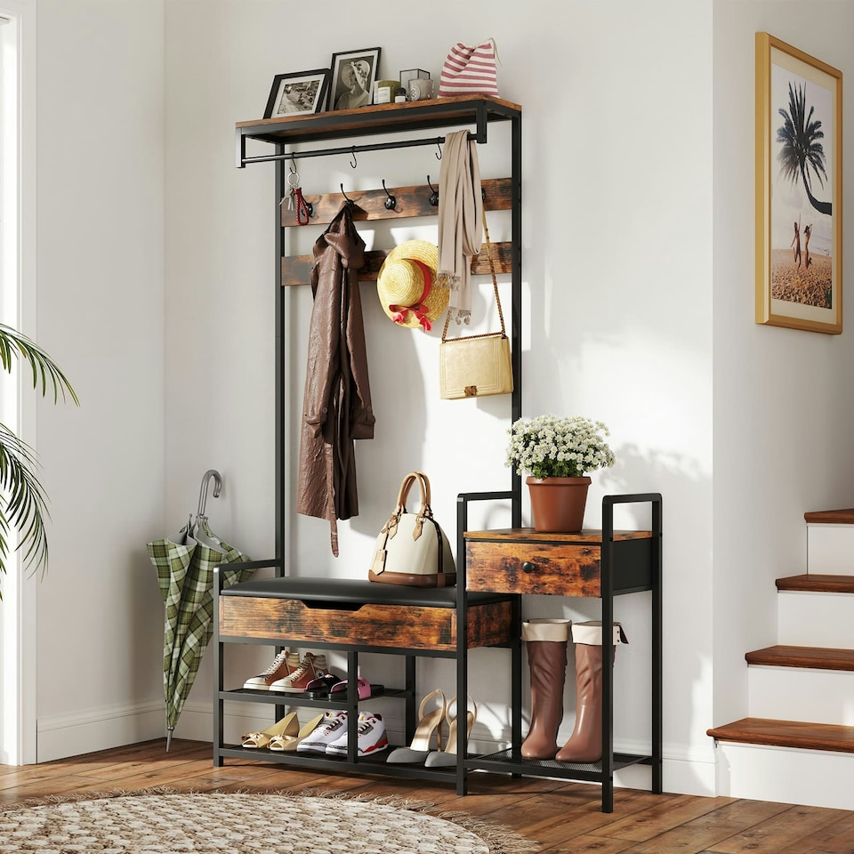 image 1 of COSTWAY Coat Rack Hall Tree with Shoe Storage Bench Brown | One Size