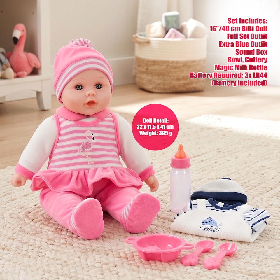 image 1 of BiBi Doll 16" Baby Doll With Extra Outfit, Sounds, Moving Eye Lids & Accessories