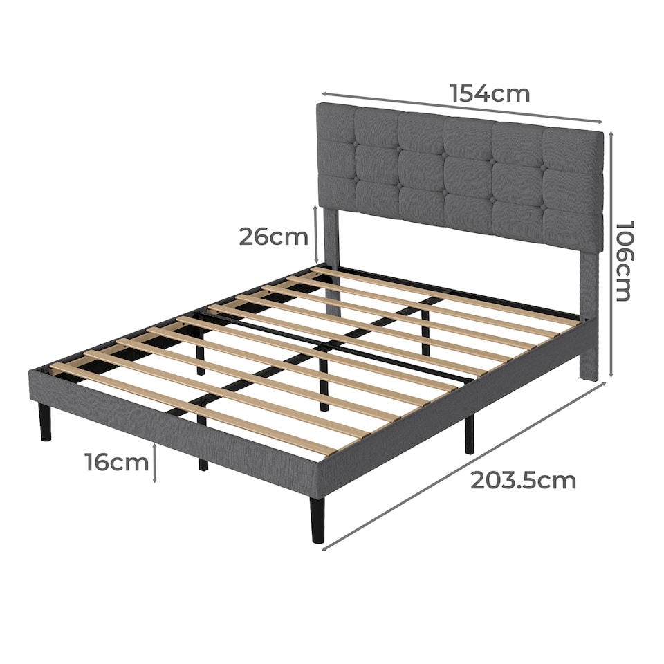 image 1 of Levede Bed Frame Upholstered Linen Headboard Tufted Wooden Slat King Size Grey | Grey | King | King