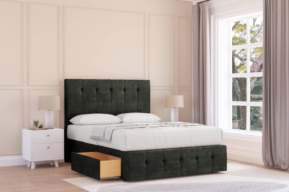 image 1 of Sloomy Cambridge Graphite Dumfries Divan Bed With Mattress 4 Drawers With 26" Strutted Headboard & 12" Matching Footboard 4'6 Double | Grey | Graphite | Double | 1