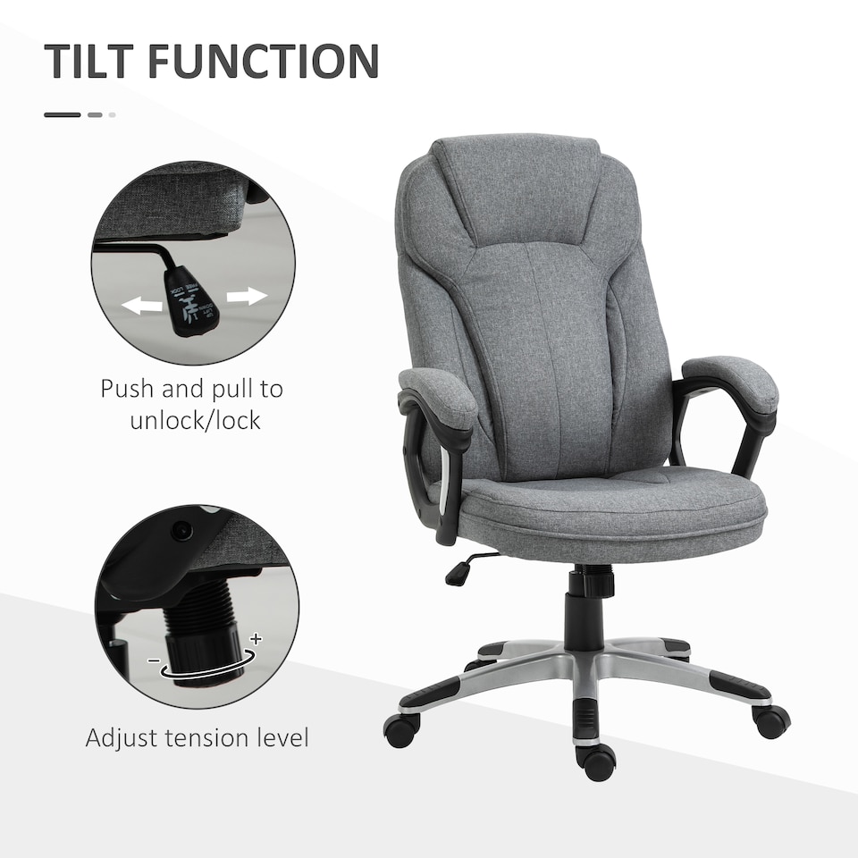 image 1 of Vinsetto Office Chair, Linen Fabric Desk Chair, Height Adjustable Computer Chair with Padded Armrests, Swivel Wheels and Tilt Function, Grey