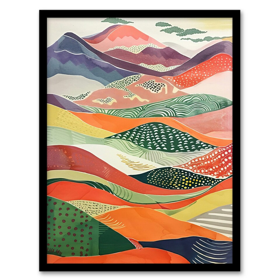 image 1 of Colourful Countryside Hills Folk Art Home Decor Black Framed Wall Art Print A4