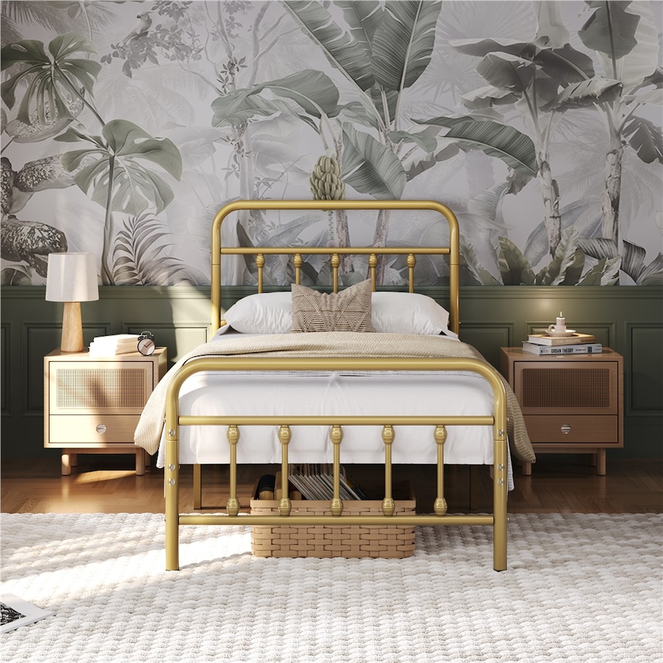 image 1 of Yaheetech Vintage Iron Platform Bed with High Headboard and Footboard-190 cm L x 90 cm W | Gold | Antique Gold | Single | 1