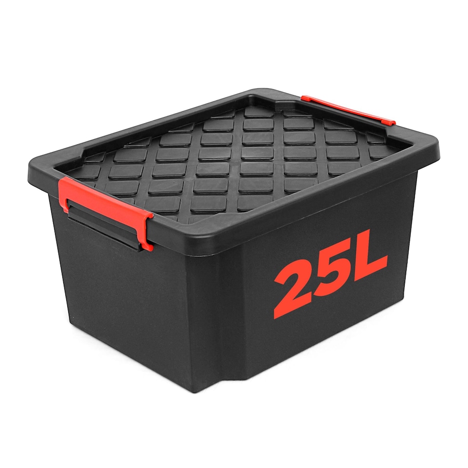 image 1 of 25L Small Heavy-Duty Storage Box with Lid 5 Pack with Handles Durable Plastic Clip Locks Stackable Garage & Outdoor Black