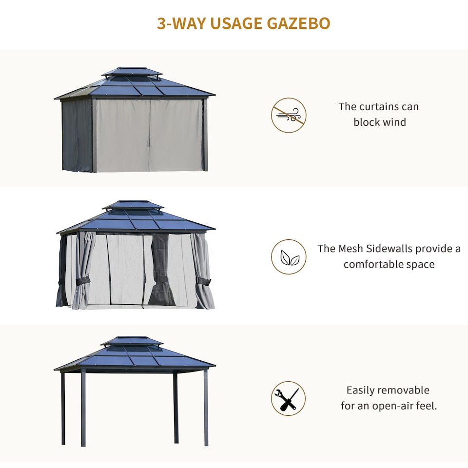 image 1 of Outsunny 3 x 3.6m Polycarbonate Hardtop Gazebo Canopy with DoubleTier Roof and Aluminium Frame, Garden Pavilion with Mosquito Netting and Curtains