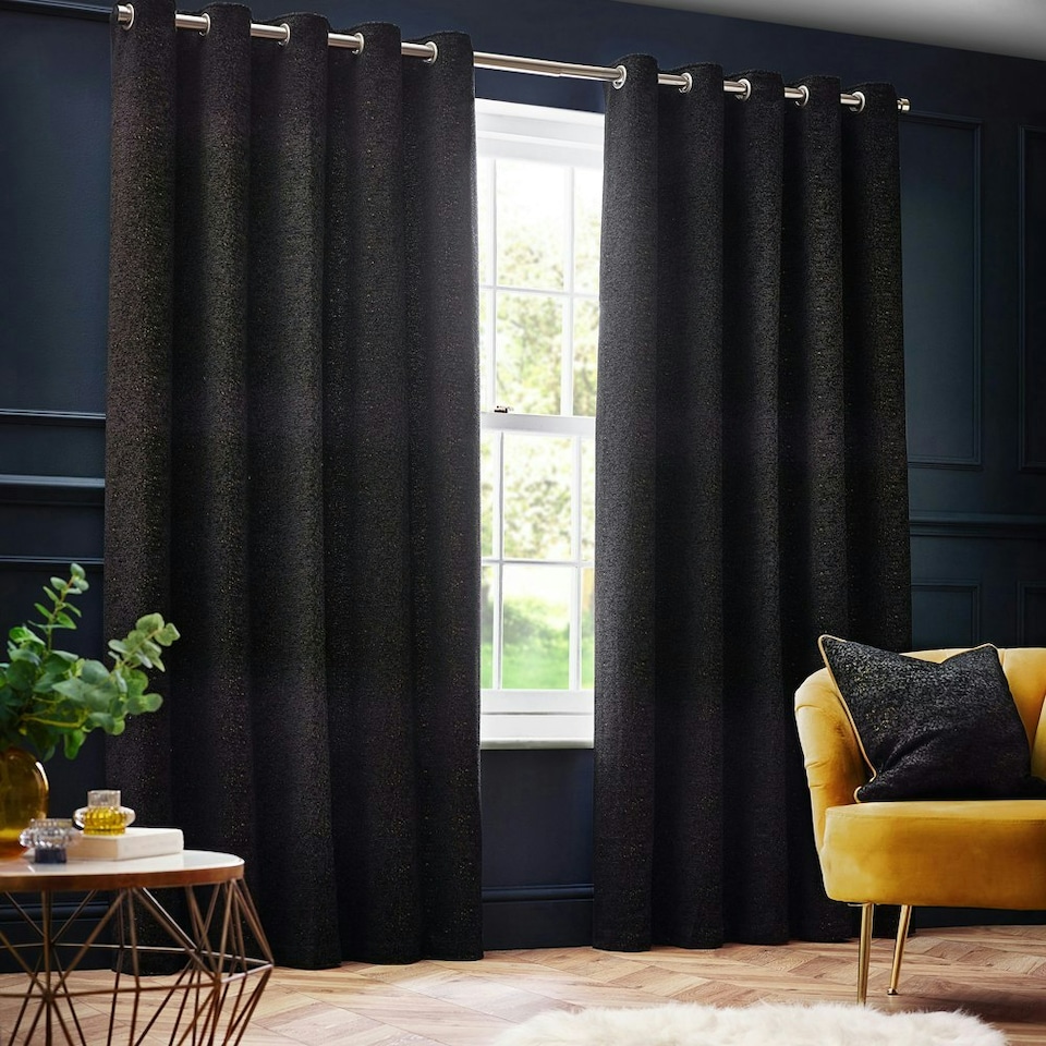 image 1 of Paoletti Galaxy Chenille Black Eyelet Curtains 117 x 137cm Multi