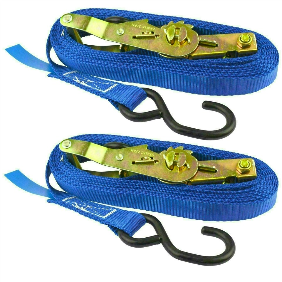 image 1 of Blue Ratchet Strap Tie Down Trailer 4m Hook Cargo Strap 325kg Lashing x 2 (Pair)