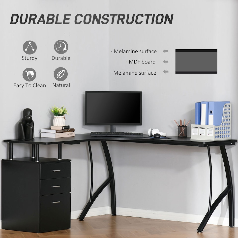 image 1 of HOMCOM L-Shaped Computer Desk Table with Storage Drawer, Home Office Desk Corner Industrial Style Workstation for A4 Files 143.5 x 143.5 x 76cm, Black
