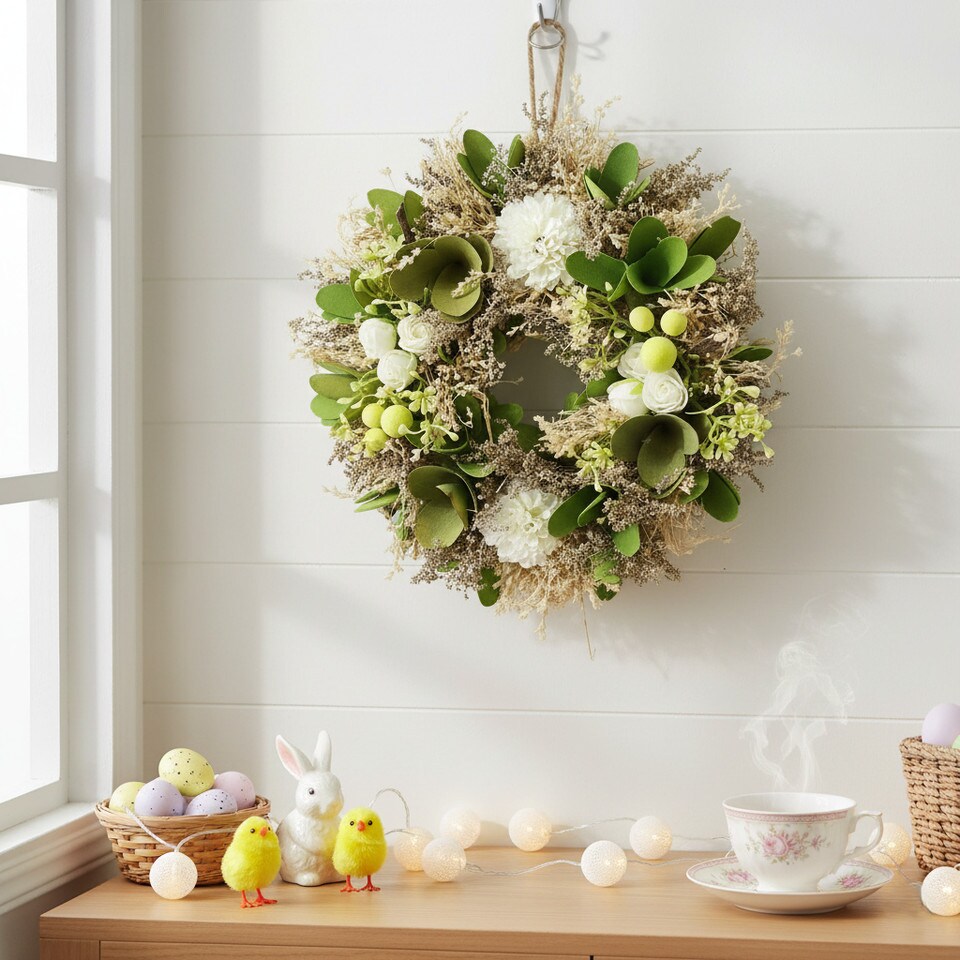 image 1 of Hanging Door Wreath Round Spring Easter Christmas Wall Decor Traditional Festive | Multi | Green & White | 34cm | 1