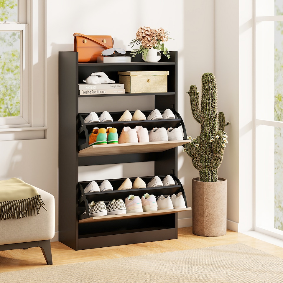 image 1 of COSTWAY Slim Hidden Narrow Shoe Organizer Cabinet with Open Storage-Black