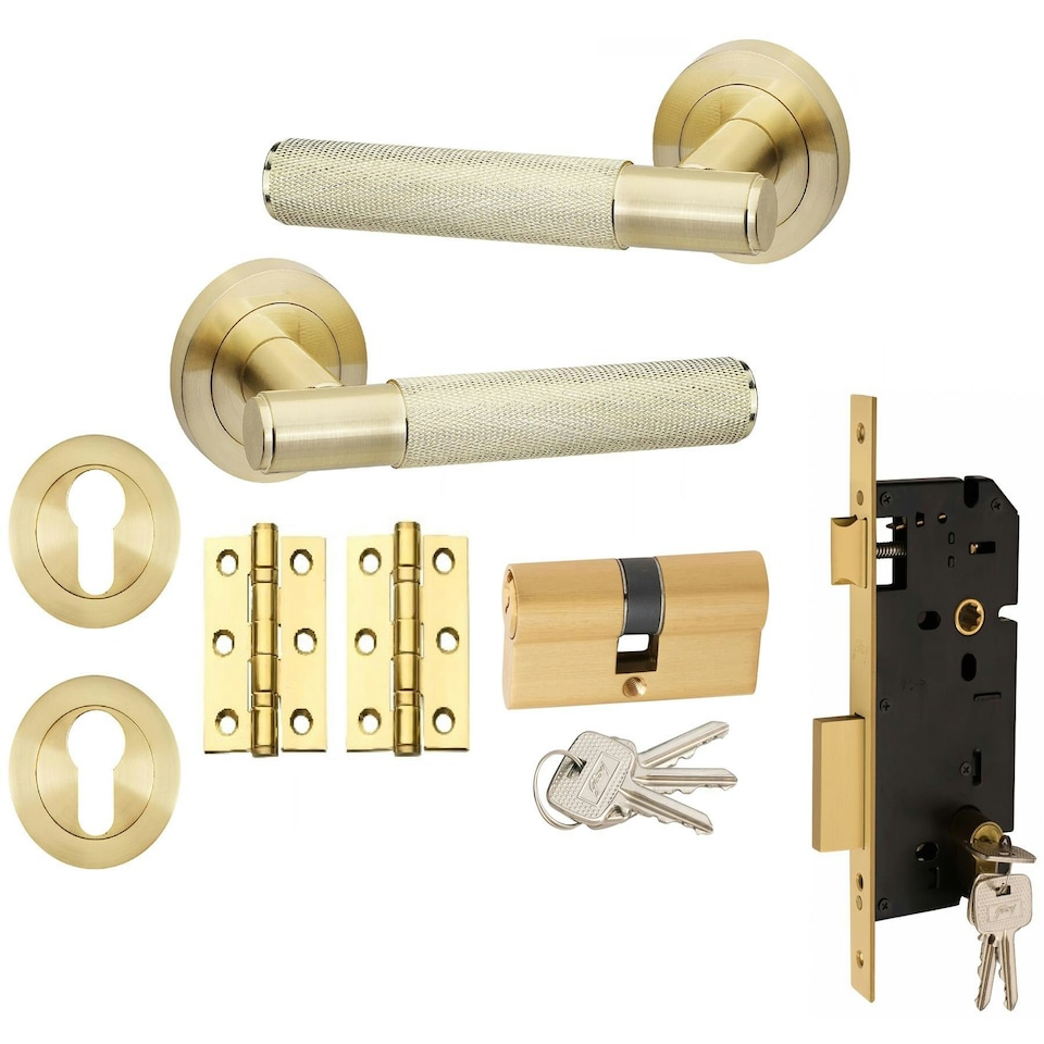 image 1 of Golden Grace 1 Set Knurled T-Bar Euro Lock Door Handle Set in Satin Brass Finish with 70mm Barrell Key and Ball Bearing Hinges Gold