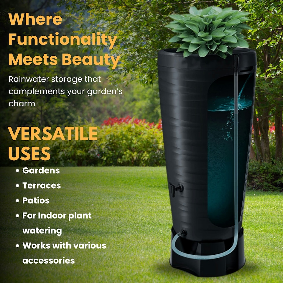 image 1 of Water Butt Kit with Tap, Diverter & Bio Cleaner –  Rainwater Collector for Garden, Balcony & Terrace – Durable Plastic Water Storage Tank Black | 240L