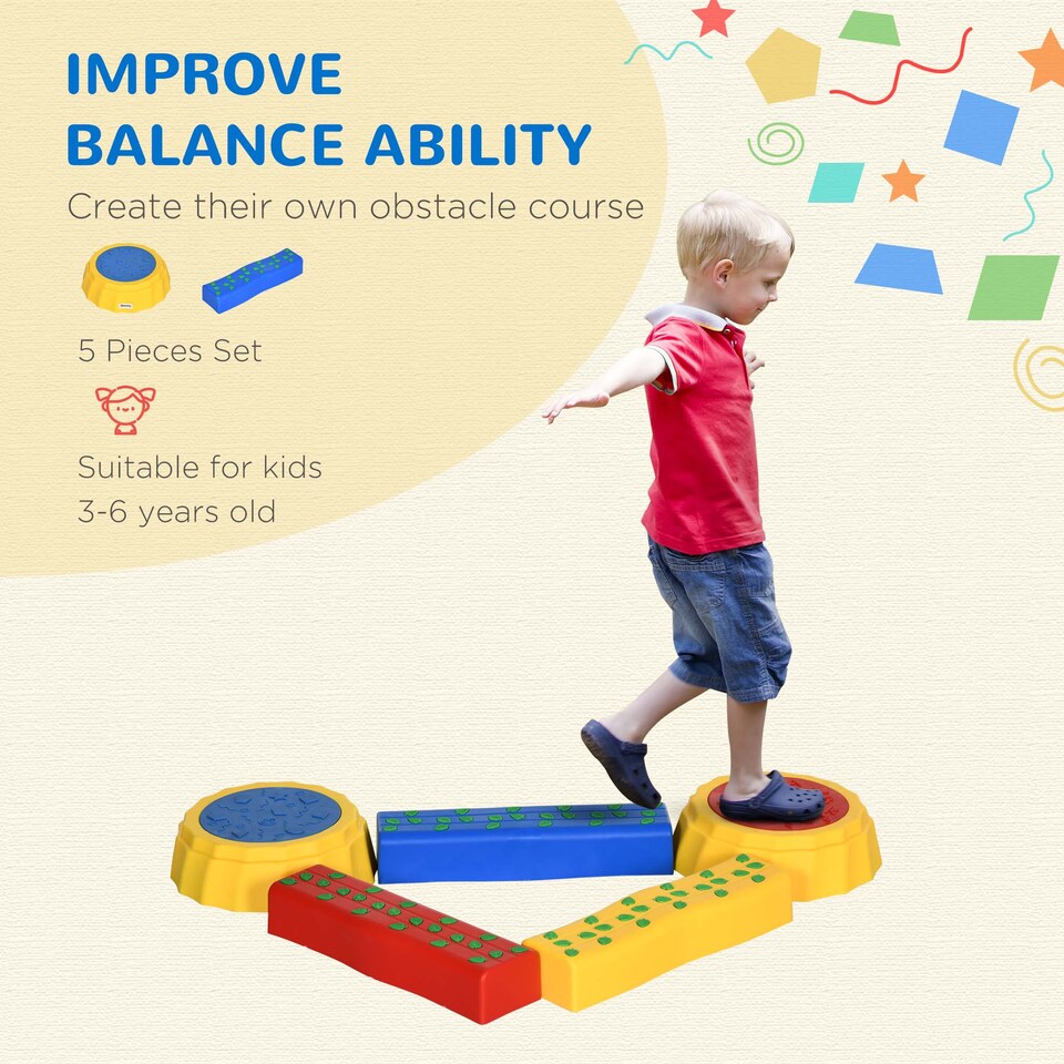 image 1 of Outsunny 5 PCS Kids Stepping Stones Balance Beam w Non-Slip Surface and Bottom