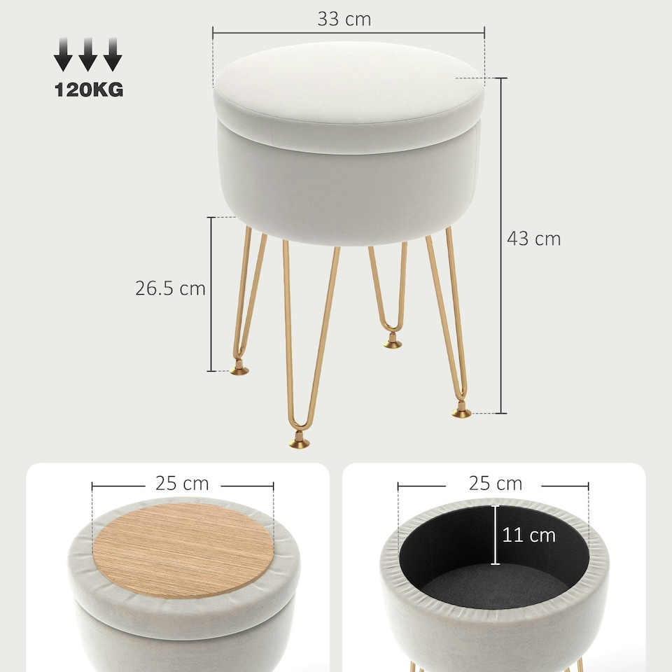 image 1 of HOMCOM 5L Velvet Footstool with Removable Lid for Bedroom, Cream White