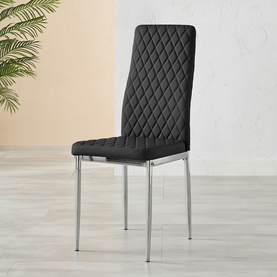 image 1 of Furniturebox 4x Milan Black Chrome Hatched Faux Leather Dining Chairs