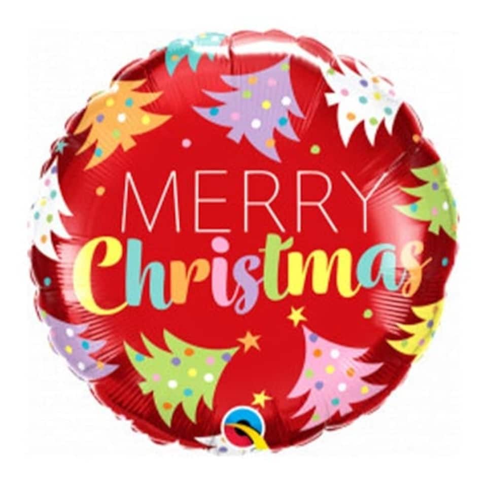 image 1 of Colourful Christmas Trees Red Round Foil Helium Balloon 46cm / 18 in