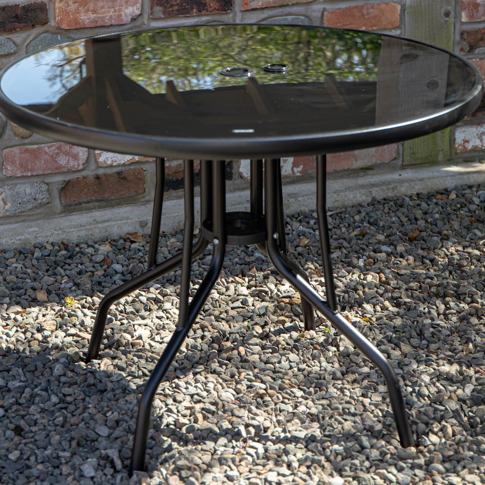 image 1 of 4 Person Round Black Garden Table with Glass Top & Parasol Hole
