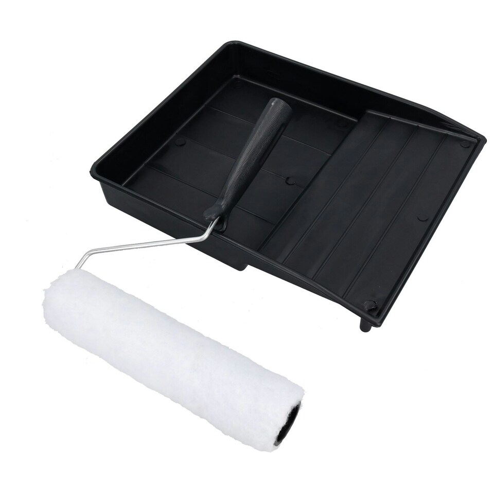 image 1 of 9" Painting Decorating Paint Tray and Wool Type Roller Egg Shell Gloss Paints 4pk