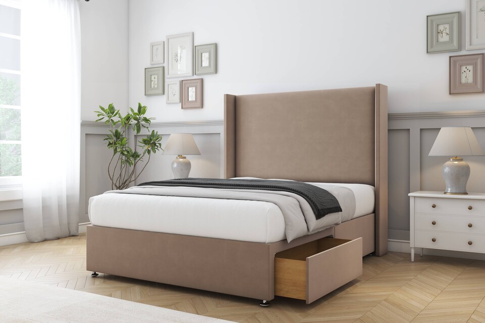 image 1 of Sloomy Devonshire Mink Plush Divan Bed Base 2 Drawers Foot-End With 54 Inch Wingback Headboard | Brown | Mink | Small Double | 1
