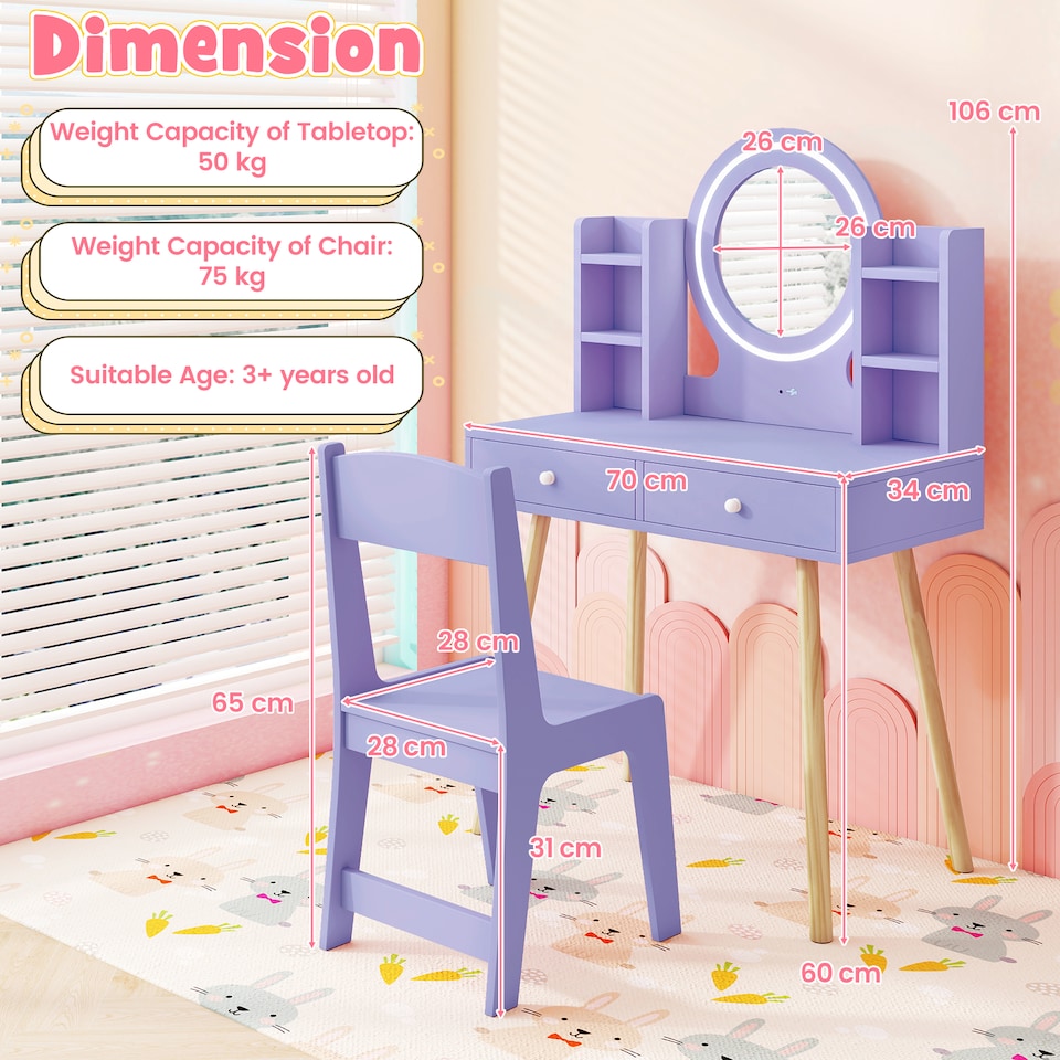 image 1 of COSTWAY Kids Vanity Set Princess Vanity Desk Set Purple