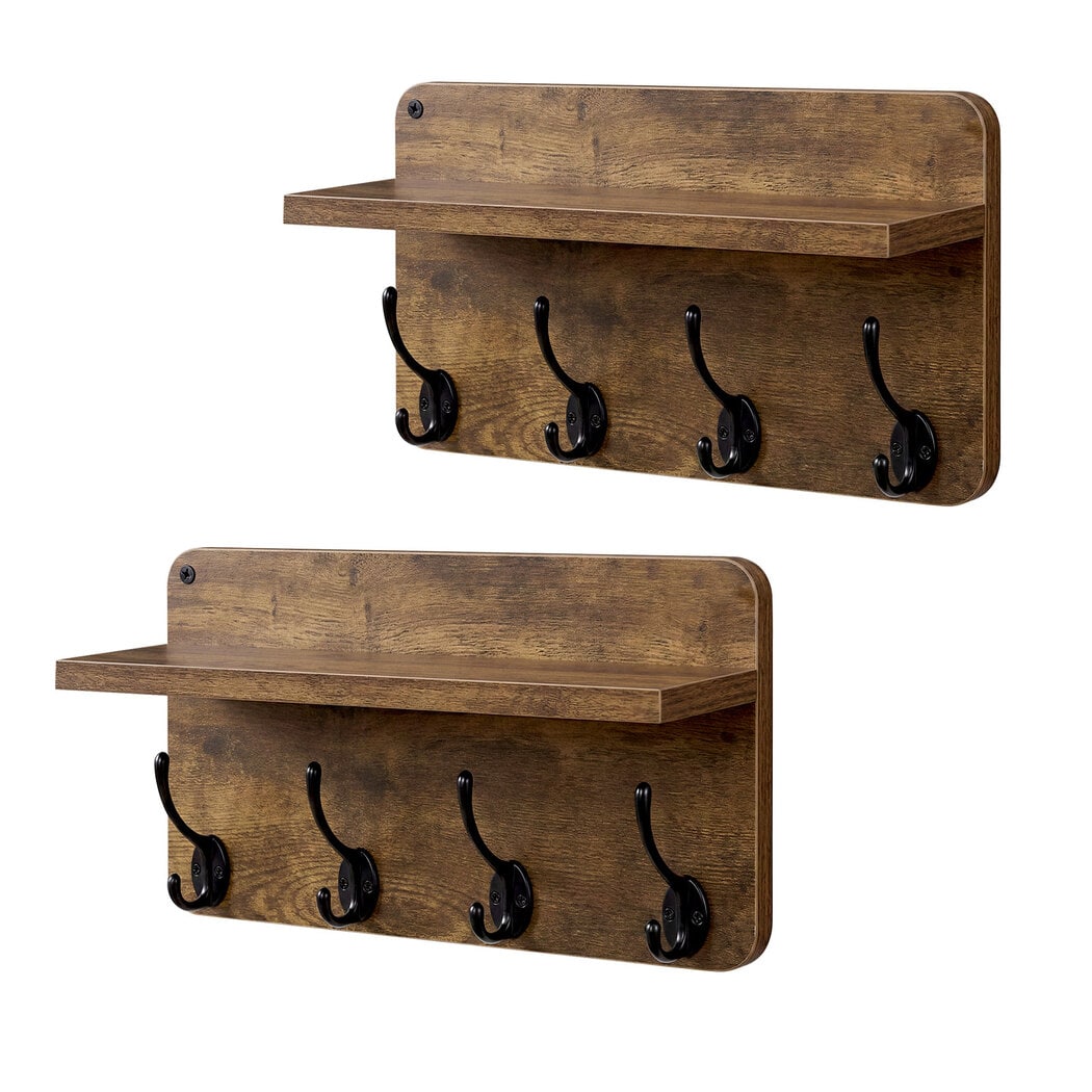 Levede Wall Coat Rack 2 PCS 8 Hooks Wall Mounted Heavy Duty Wooden Organiser in Brown