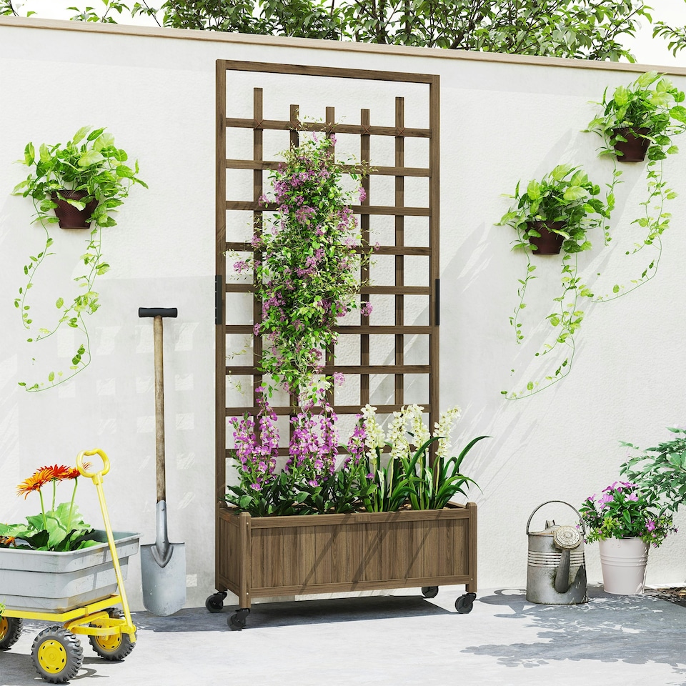 image 1 of Outsunny Wooden Trellis Planter, Raised Garden Bed with Wheels, Brown 