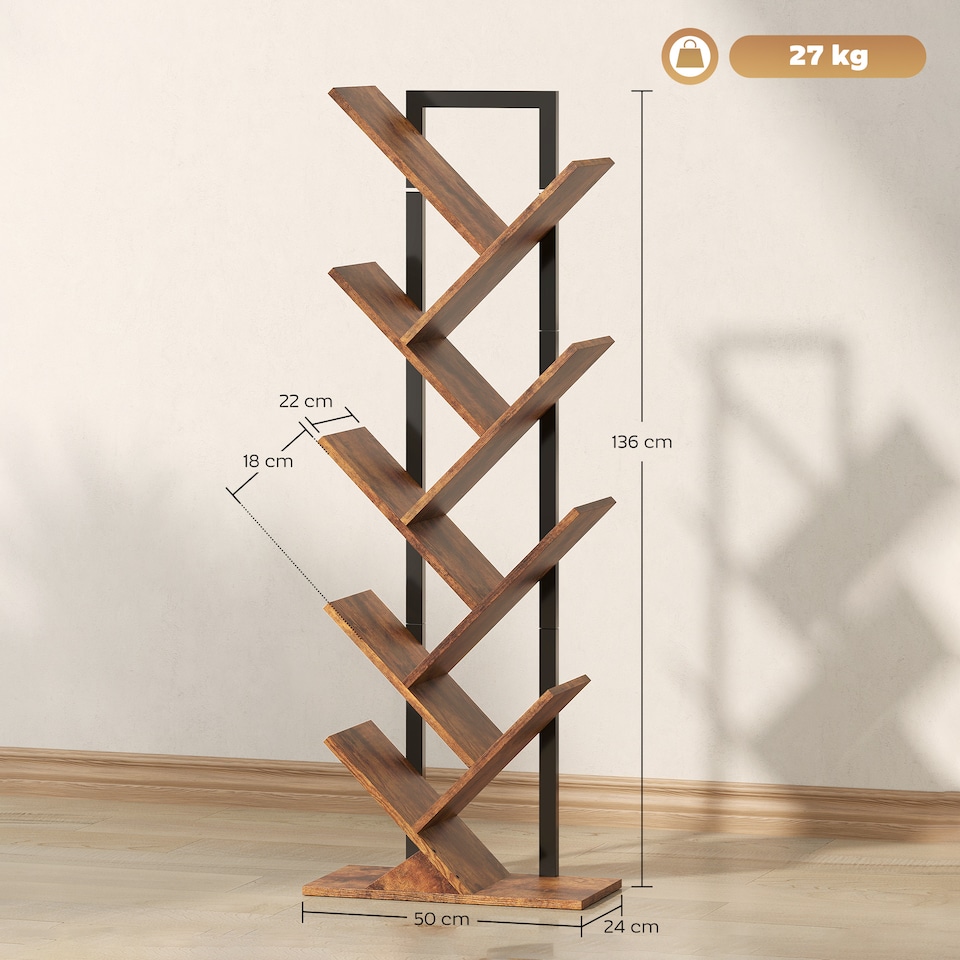 image 1 of HOMCOM 9-Tier Tree Bookshelf, Industrial Free Standing Bookcase with Steel Frame, Display Storage Unit for CDs, DVDs, Albums, Living Room, Bedroom, Home Office, Study, Rustic Brown | Brown