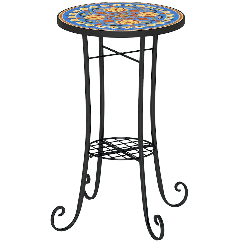 image 1 of Outsunny Mosaic Garden Table, 35.5 cm Round Outdoor Table with Shelf, Ceramic Tile Top, Small Garden Side Table Bistro Table End Table Plant Stand for Indoor, Patio, Balcony, Blue | Blue | Blue