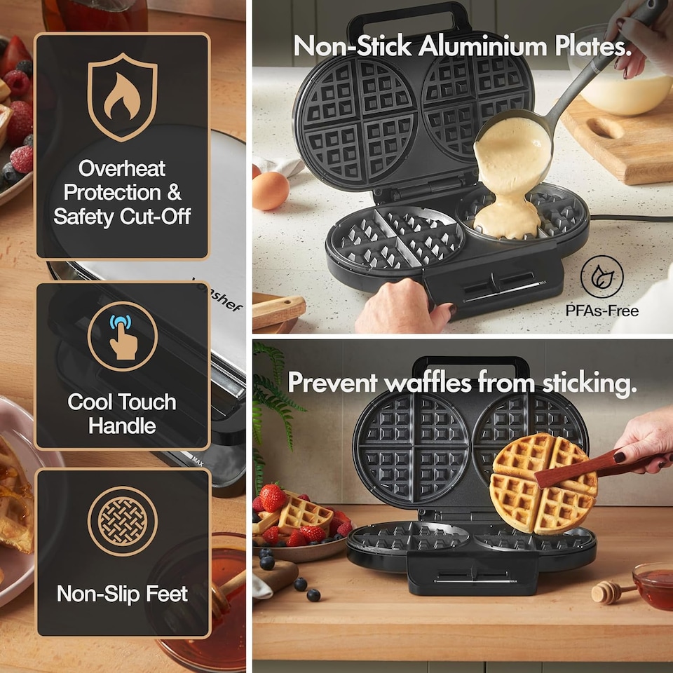 image 1 of VonShef Dual Round Waffle Maker with Non-Stick Plates