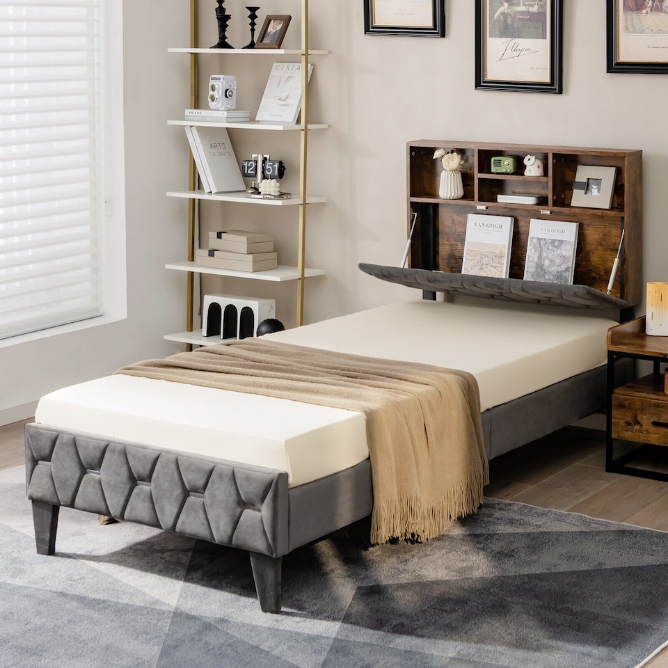image 1 of COSTWAY Single Size Bed Frame Upholstered Slat Support Platform Bed