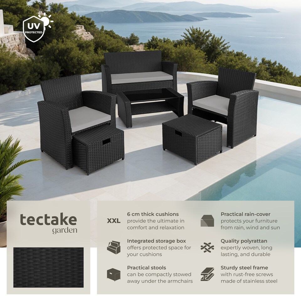 image 1 of Garden Furniture Set Modena- sofa with storage, armchairs, stools, coffee table | Black | black/grey | 129 x 68,50 x 75 cm | 1