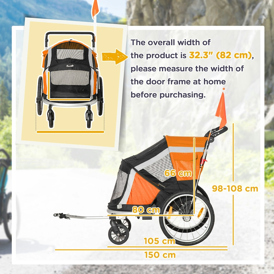 image 1 of PawHut 2-in-1 Dog Bicycle Trailer w/ Safety Leash, Reflectors - Orange