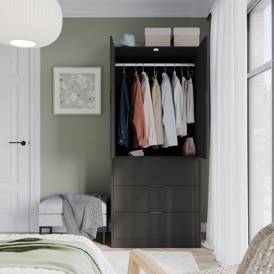 image 1 of 2 Door 3 Drawer Wardrobe with Hanging Rail - Modern Bedroom Storage Furniture | Black | Black with Black Doors | 1