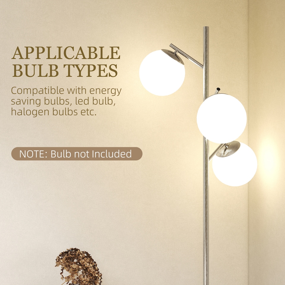 image 1 of HOMCOM 3-Light Tree Floor Lamps for Living Room, Modern Standing Lamp for Bedroom with Globe Lampshade, 3000K/4000K/6000K Colour Temperatures, Steel Base, Silver Tone | Silver