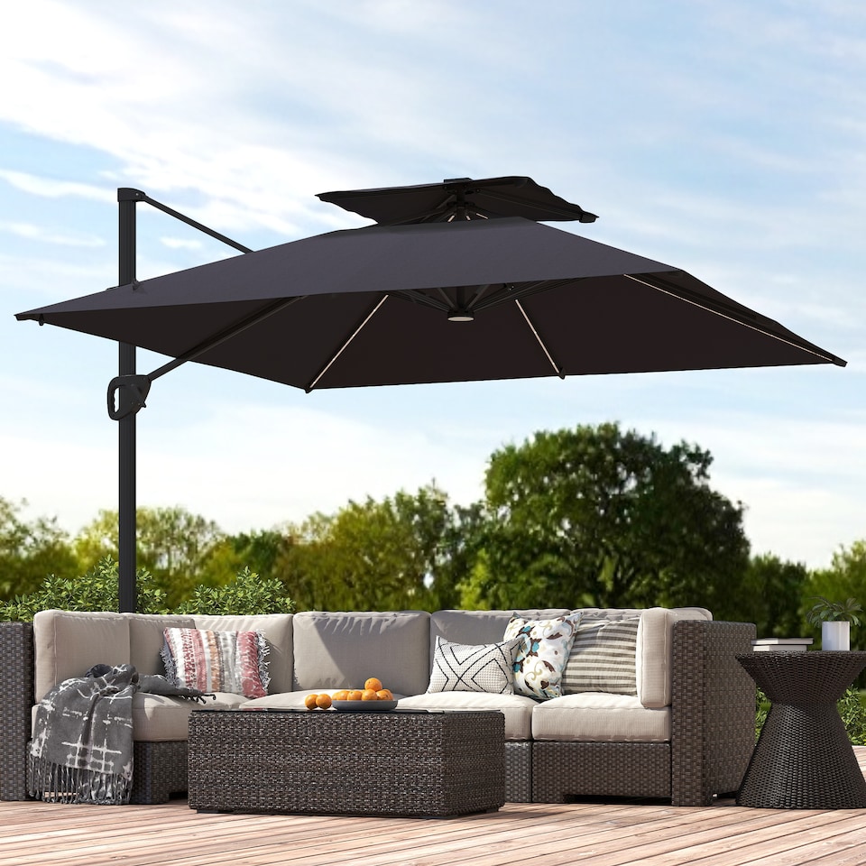image 1 of Outsunny 3.5x3 m Garden Cantilever Parasol with Solar LED Lights and Centre Light, UPF50 Aluminium Patio Umbrella, Hanging Sun Shade with Cross Base, Crank Handle | Black | Black