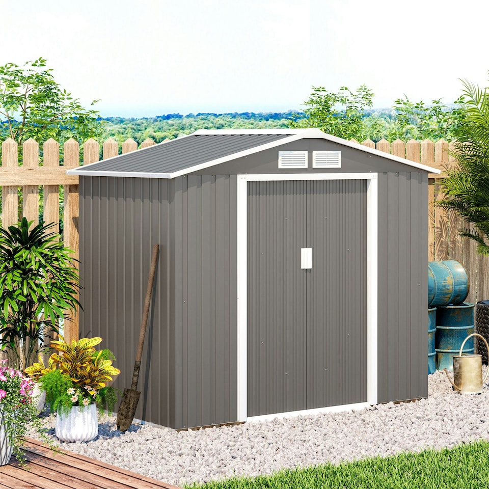 image 1 of Outsunny 7 x 4ft Garden Shed Storage with Foundation Kit and Vents, Grey
