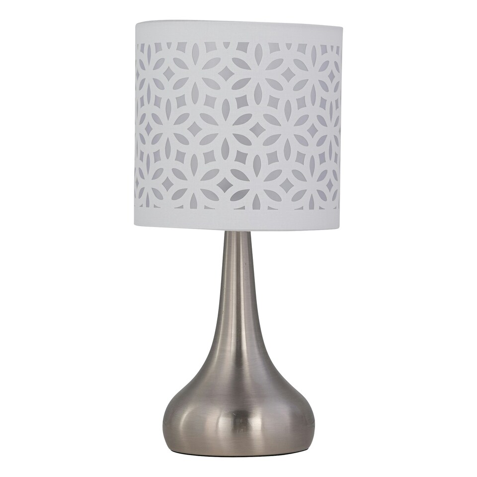 image 1 of Set of 2 Romana - Brushed Chrome Touch Operated Table Lamps Bedside Lights White Laser Cut Shade Silver | White