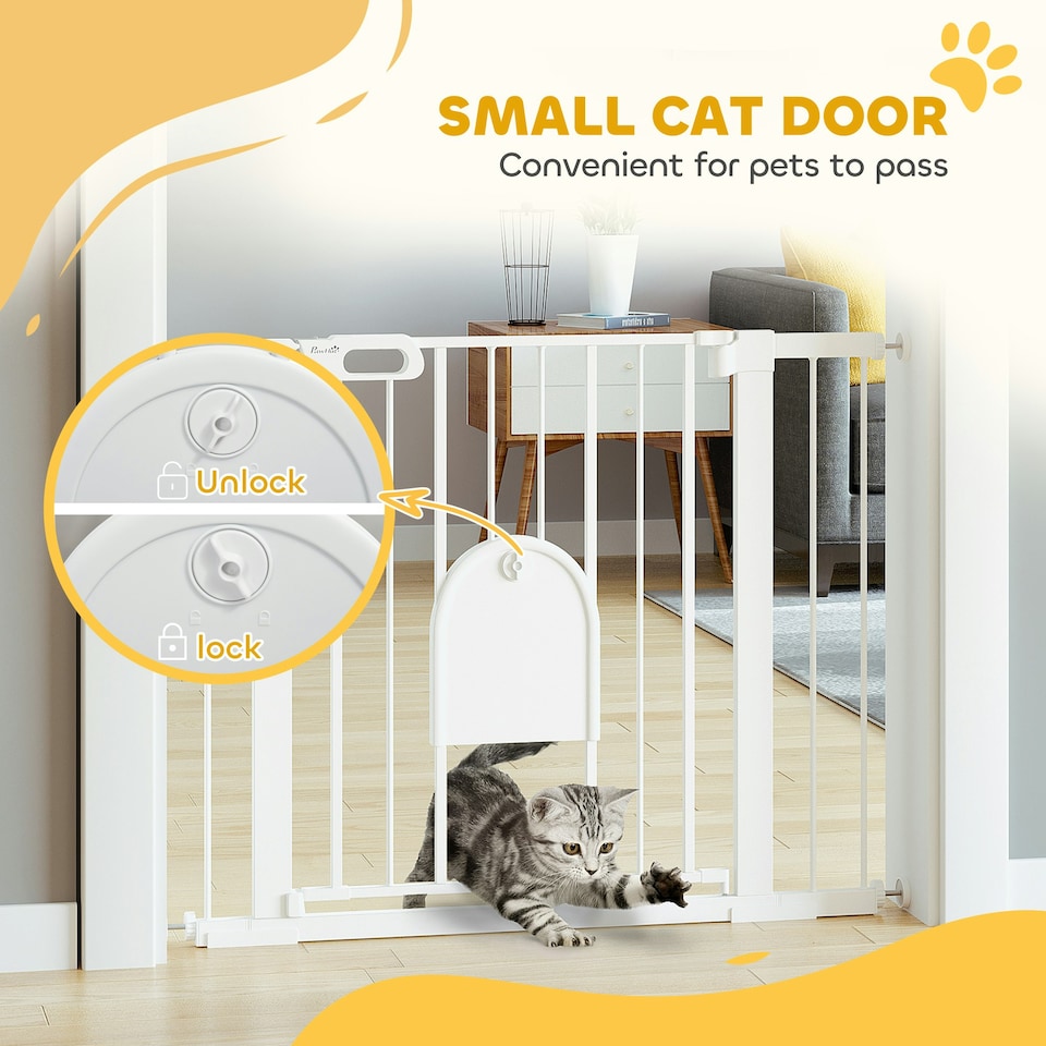 image 1 of PawHut 75-103 cm Pet Safety Gate Pressure Fit Stair w/ Small Door Double Locking